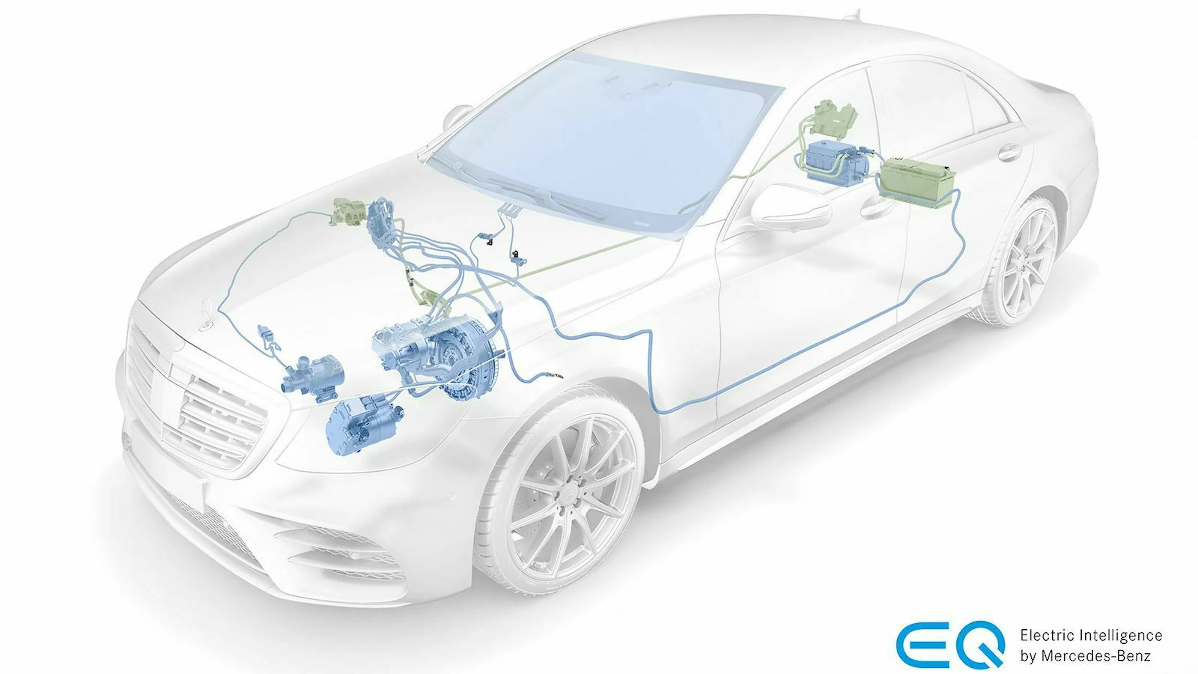 Durchsichtige Darstellung eines Autos zeigt die elektrische Antriebstechnologie von Mercedes-Benz. Komponenten sind im Innenraum markiert. Logo "EQ".
