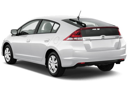 Weißer Honda Hybrid-Auto von hinten, geparkt auf weißem Hintergrund. Rücklichter und Emblem sichtbar.