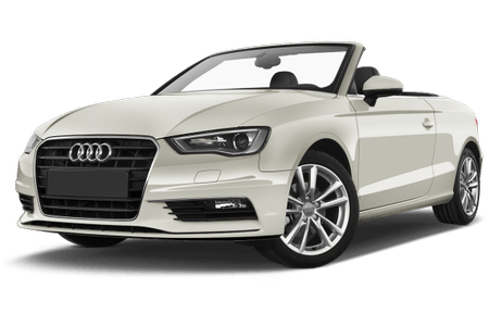 Weißes Audi Cabriolet, seitlich von vorne gesehen, mit offenem Verdeck und elegantem Design auf transparentem Hintergrund.