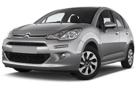 Silberner Citroën C3 Kleinwagen, Frontansicht, auf weißem Hintergrund. Modernes Design mit runden Scheinwerfern.