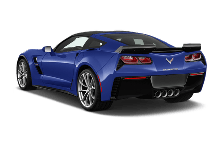 Blauer Sportwagen mit aerodynamischem Design, schwarzem Heckspoiler und vier Auspuffrohren, von hinten betrachtet.