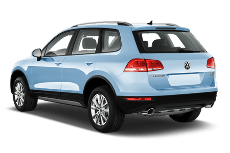 Ein blauer SUV der Marke Volkswagen von hinten, auf weißem Hintergrund dargestellt.