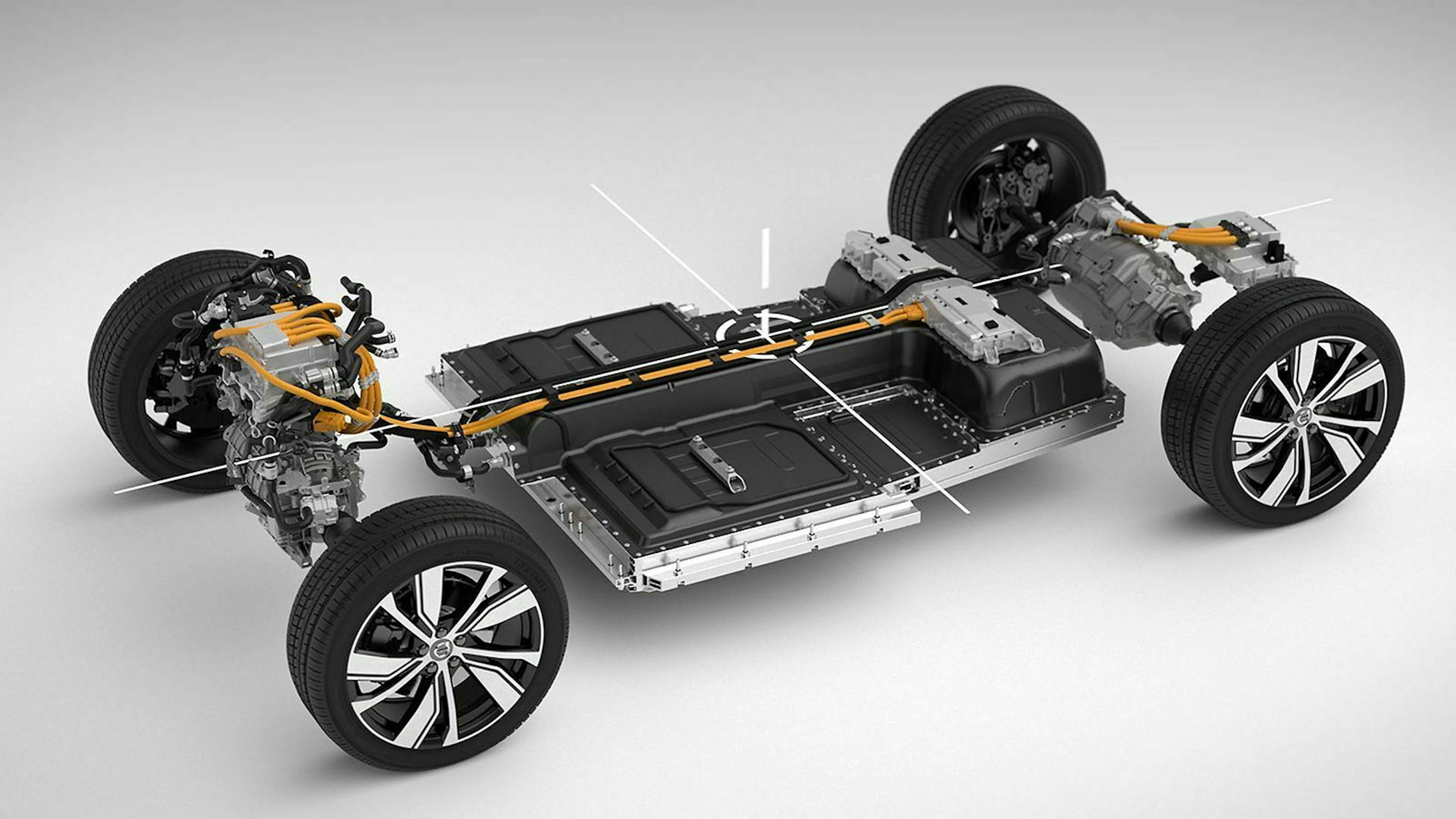 Vorne ein Motor, hinten ein Motor, dazwischen verteilen sich die Akkus – die elektrische Plattform des XC40