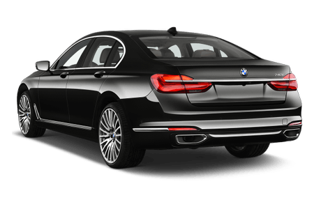 Schwarzer Luxus-Sedan von hinten, mit glänzendem Lack und stilvollen Leichtmetallrädern. BMW-Logo auf Kofferraumdeckel sichtbar.