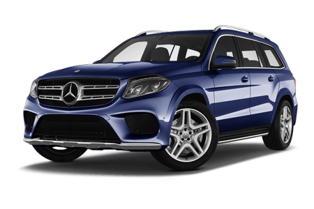 Blauer SUV der Marke Mercedes-Benz mit auffälligem Frontgrill und großen Felgen, geparkt auf weißem Hintergrund.