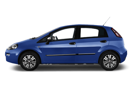 Blauer Kleinwagen in Seitenansicht mit fünf Türen, silbernen Felgen und einer Antenne auf dem Dach vor weißem Hintergrund.