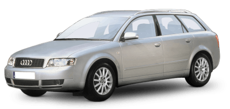 Silberner Kombi der Marke Audi, seitliche Vorderansicht. Fahrzeug steht auf grauem Hintergrund.