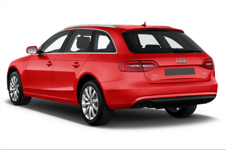 Roter Audi Kombi, Rückansicht. Fahrzeug mit fünf Türen, silbernen Felgen und Dachreling. Automodell: Audi A4 Avant.