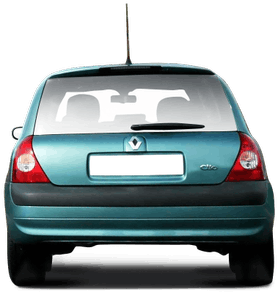 Blauer Renault Clio von hinten mit einer Tiersilhouette auf der Heckscheibe.