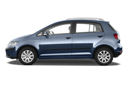 Blauer fünftüriger Kompaktwagen, Seitenansicht auf weißem Hintergrund.