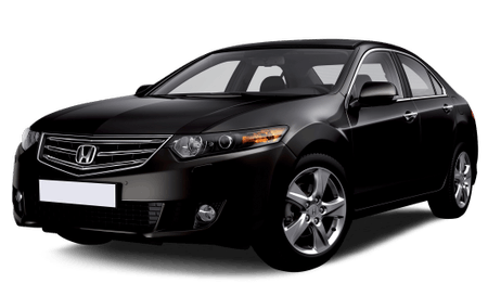 Schwarzer Honda Limousine, Vorderansicht auf weißem Hintergrund, mit silbernen Felgen und markantem Kühlergrill.