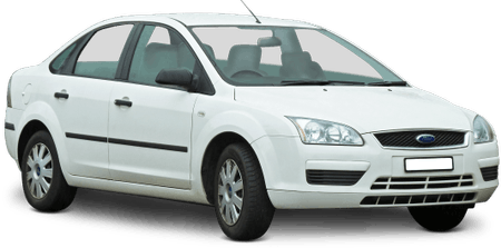 Weißer Ford Focus, viertürige Limousine, steht auf transparentem Hintergrund.