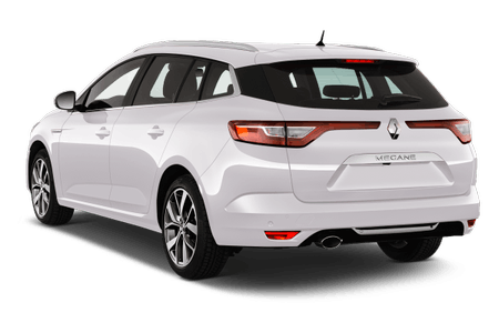 Weißer Kombi von hinten betrachtet, mit LED-Rückleuchten und Renault-Logo auf der Heckklappe.