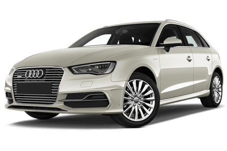 Weißer Audi A3, Ansicht von vorne links. Moderner Hatchback mit elegantem Design und markantem Kühlergrill.