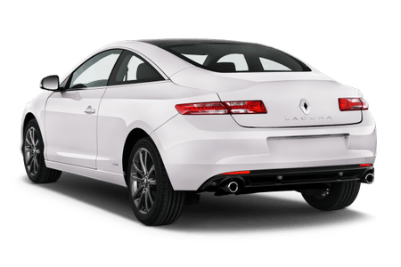 Weißer Renault Laguna Coupé von hinten, zeigt sportliches Design und Doppelauspuff, auf neutralem Hintergrund.