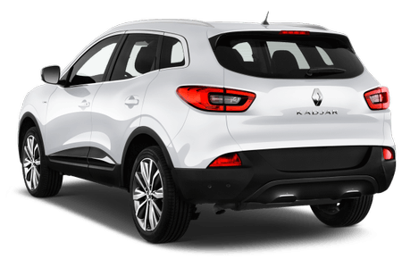 Weißer Renault Kadjar SUV, Rückansicht, auf weißem Hintergrund. Fahrzeug hat schwarze Stoßstange und elegante Linien.