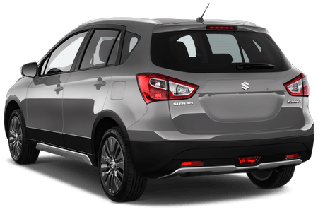 Silberner Crossover-SUV von hinten, Suzuki-Logo sichtbar, stehend auf weißem Hintergrund.