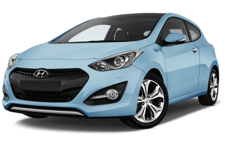 Hellblaues Auto mit sportlichem Design, dreitürig, schwarzen Akzenten und glänzenden Felgen. Vorne aggressives Scheinwerferstyling.