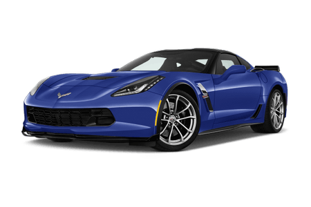 Blauer Sportwagen mit aerodynamischem Design, glänzenden Felgen und einem markanten Kühlergrill auf weißem Hintergrund.