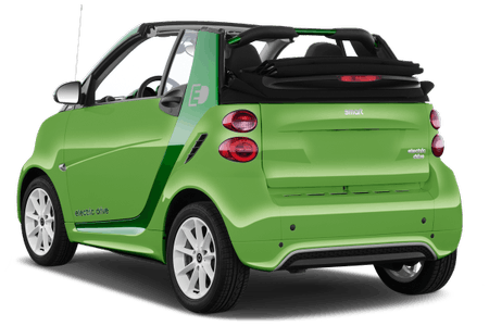 Grünes Elektroauto, zweisitziger Smart mit offenem Verdeck, Rückansicht. Aufschrift "electric drive" an der Seite.