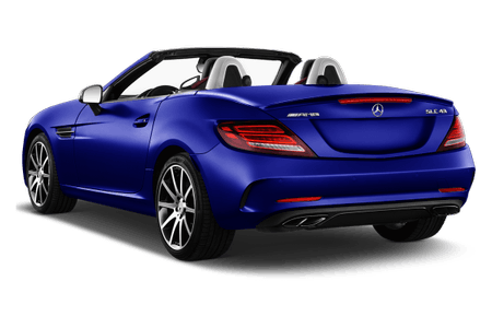 Blauer Cabrio-Sportwagen, Heckansicht, mit offenem Verdeck und stilvollem Design. Rückleuchten leuchten unter einer klaren Himmel.