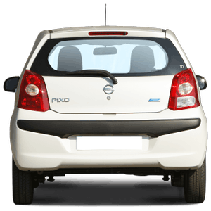 Rückansicht eines weißen Nissan Pixo Kleinwagens mit Rückleuchten, Heckscheibenwischer und sichtbarem Logo.