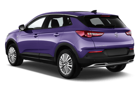 Lila SUV von Opel, Modell Grandland, rückseitige Ansicht auf weißem Hintergrund.