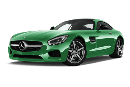 Grünes Sportauto mit Mercedes-Stern, schnittigem Design und markanten Felgen, seitlich von vorne fotografiert.