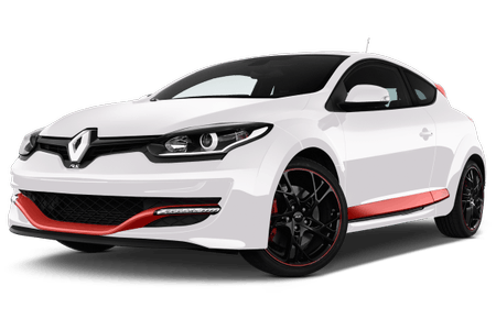 Weißer Sportwagen von Renault mit schwarzen und roten Akzenten, sportlichem Look und modernen Felgen.