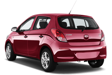 Roter Kleinwagen, Hyundai-Logo sichtbar, Rückseite und Seite gezeigt, klare Rückleuchten, auf weißem Hintergrund.