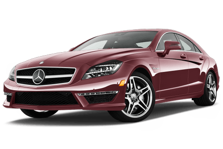 Roter Mercedes-Benz Coupé, seitlich von vorne abgebildet, mit sportlichem Design und markantem Kühlergrill.