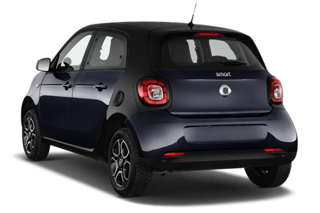 Kompakter, dunkelblauer Smart Fortwo von hinten, mit schwarz getönten Fenstern und roten Rücklichtern auf weißem Hintergrund.