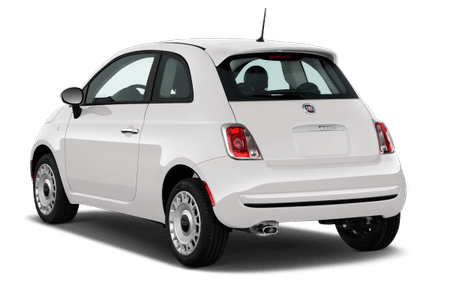 Weißer Kleinwagen; Rückansicht. Zweitürig mit abgerundetem Heck. Sporträder und Antenne auf dem Dach.