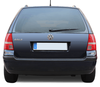 Rückansicht eines blauen VW Golf Kombis mit deutschen Kennzeichen, Sicht auf Heckscheibe und Rücklichter.