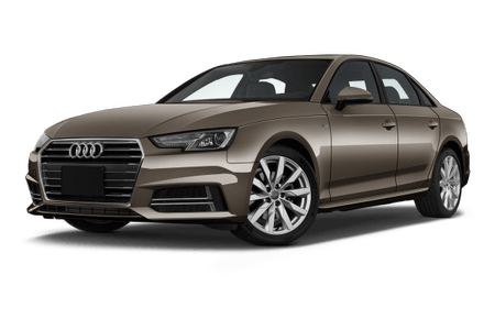 Brauner Audi A4 Limousine, schräg von vorne fotografiert, isoliert auf weißem Hintergrund.