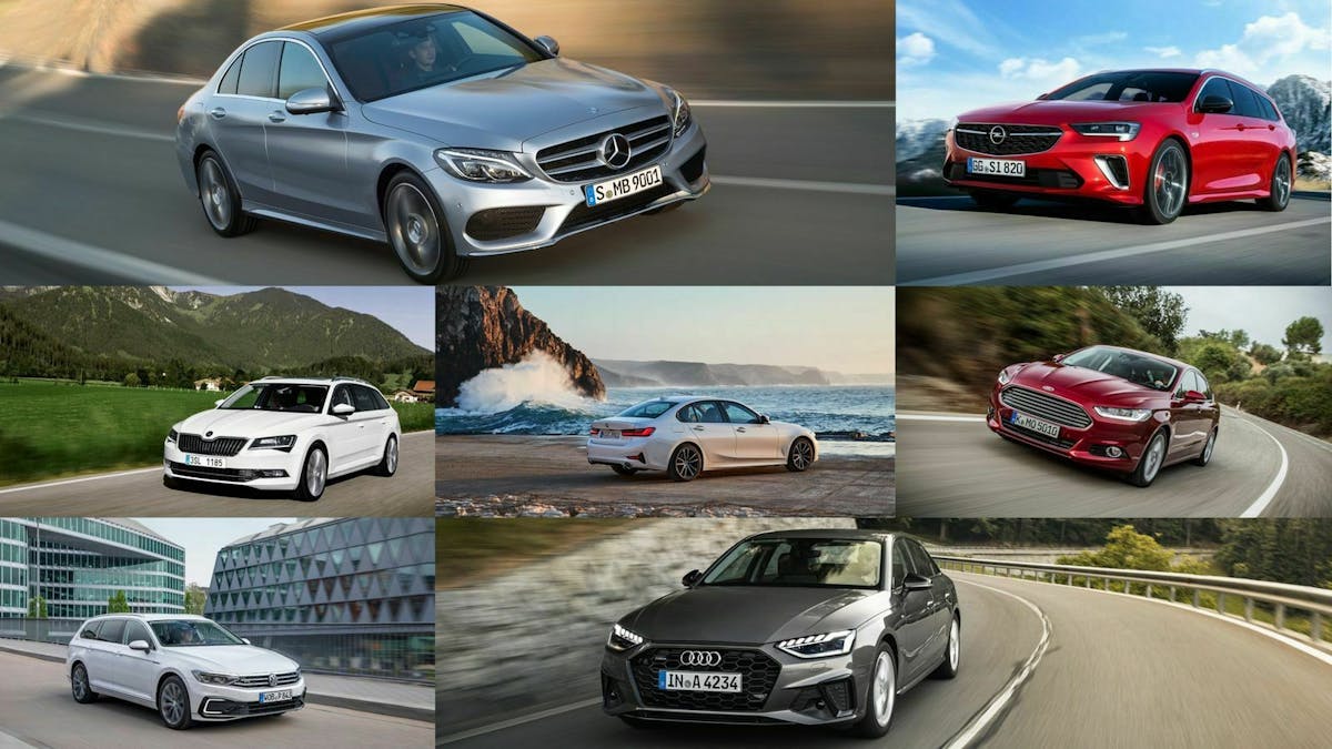 Fotomontage mit sieben verschiedenen PKWs der Kategorie Mittelklasse verschiedener Automarken