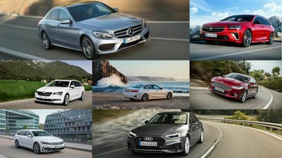 Fotomontage mit sieben verschiedenen PKWs der Kategorie Mittelklasse verschiedener Automarken