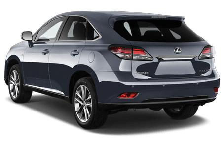 Silberner SUV von hinten, Modell RX 450h, auf weißem Hintergrund.