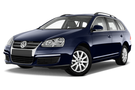 Dunkelblauer Kombi, Frontansicht, mit silbernen Felgen und VW-Logo auf dem Kühlergrill, isoliert auf weißem Hintergrund.