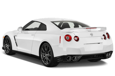 Weißer Sportwagen von hinten, mit markanten Rücklichtern und Heckspoiler, auf transparentem Hintergrund.