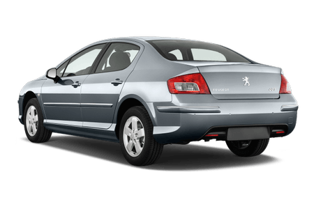 Silberner Peugeot 407 aus der Seiten- und Rückansicht, geparkt auf weißem Hintergrund.