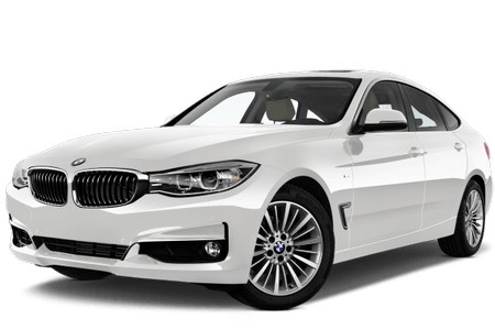 Weißer BMW 3er Gran Turismo auf weißem Hintergrund, Schrägansicht von vorne, zeigt elegantes Design und sportlichen Stil.
