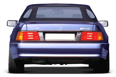 Heckansicht eines blauen Mercedes SL 60 AMG mit klaren Rückleuchten und sichtbarem Mercedes-Logo.