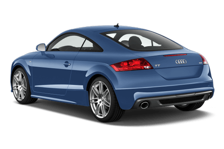 Blauer Audi TT Coupé von hinten, auf einem weißen Hintergrund. Sportliches Design mit roten Rückleuchten und auffälligen Felgen.