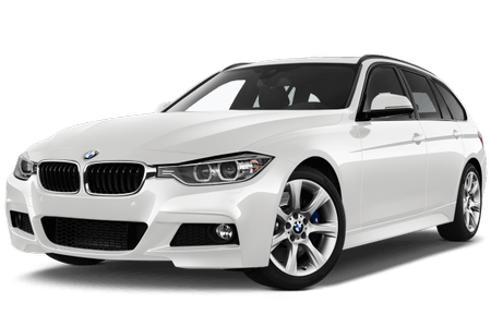 Weißer BMW Kombi, Front- und Seitenansicht. Elegantes Design, markante Frontscheinwerfer, sportliche Felgen.