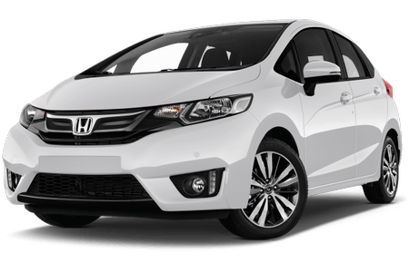 Weißer Honda-Kompaktwagen, Vorderansicht, mit stilvollem Design und schwarzen Akzenten.