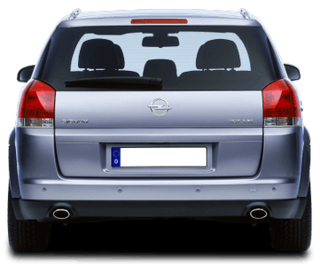 Rückansicht eines silbernen Autos mit zwei Auspuffrohren und einem weißen Nummernschild.