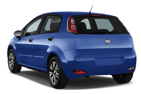 Blauer Fiat Punto mit fünftürigem Design, seitliche Rückansicht. Fahrzeug steht vor einem weißen Hintergrund.