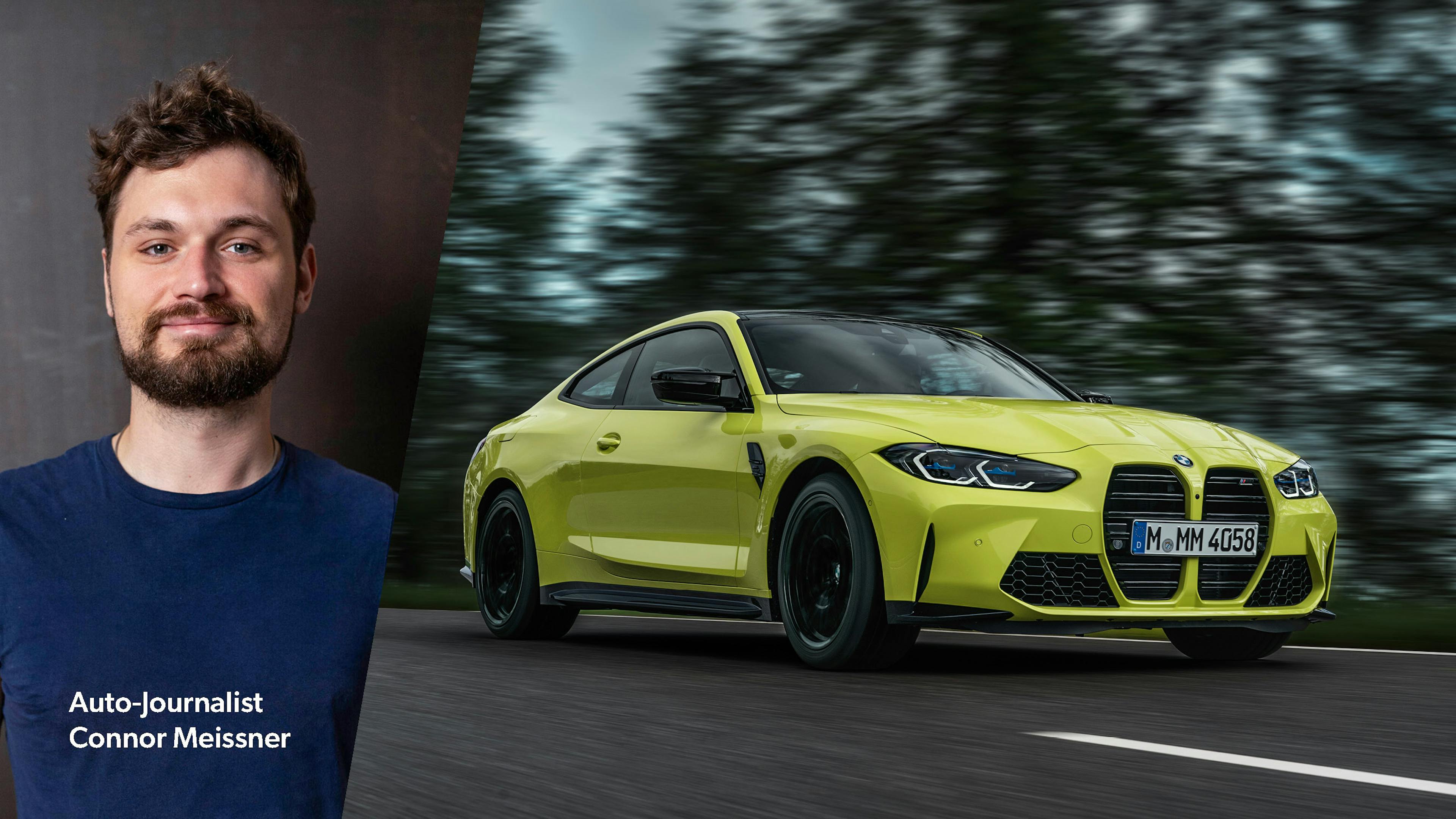 Eine Collage mit dem Bild des Redakteurs und einem gelben BMW M4, der neben Bäumen über eine Gebirgsstraße fährt.