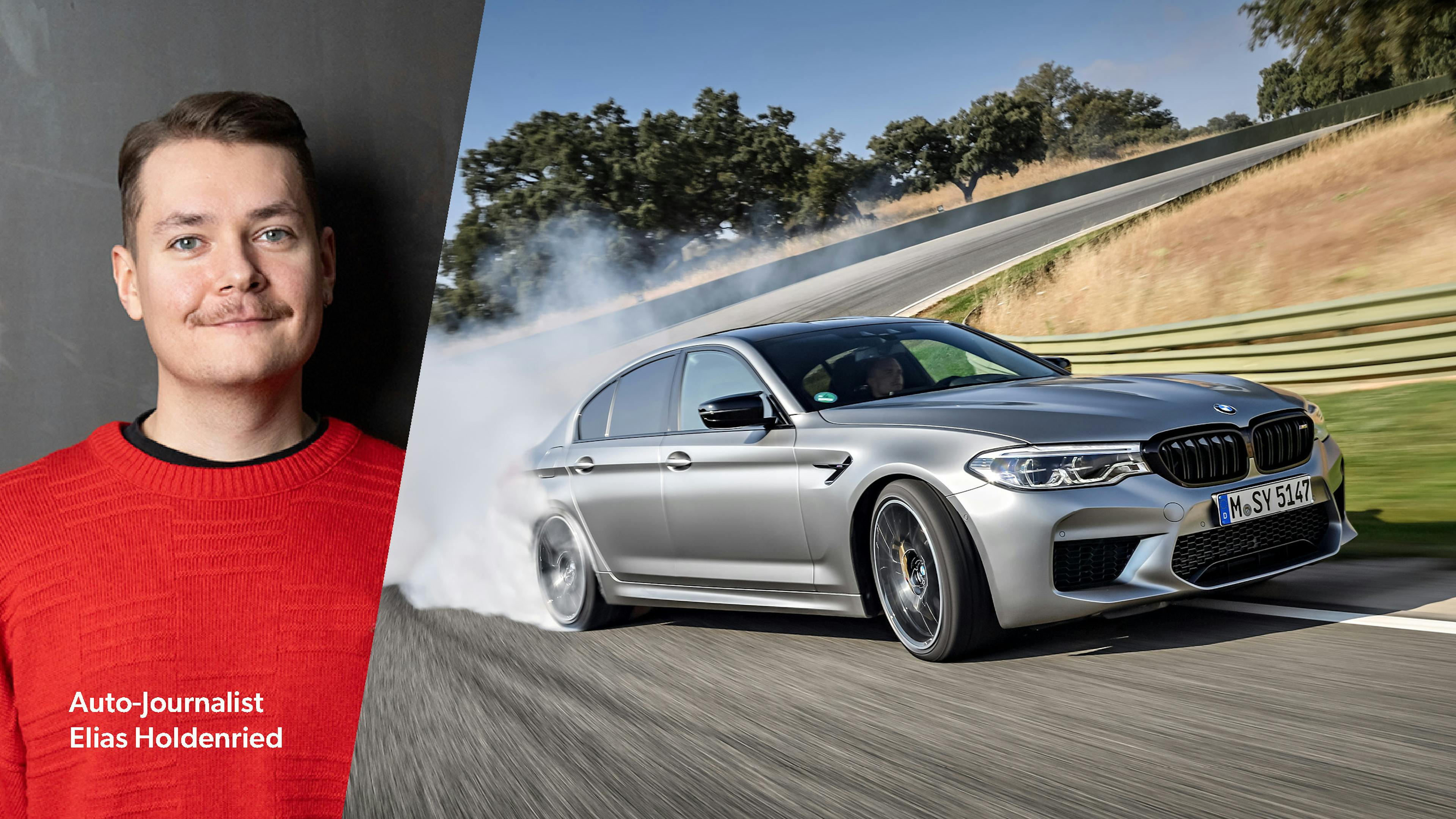 Eine Collage mit dem Bild des Redakteurs und eines silbernen BMW M5, der auf einer Rennstrecke um die Kurve driftet.